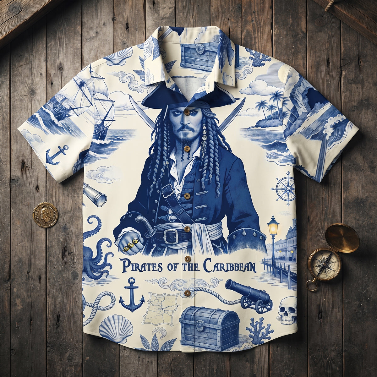 Ocean Voyager Toile De Jouy Hawaiian Shirt - Personalized Gifts 04pgdt160726 Hawaiian Shirts PopCulturePrints