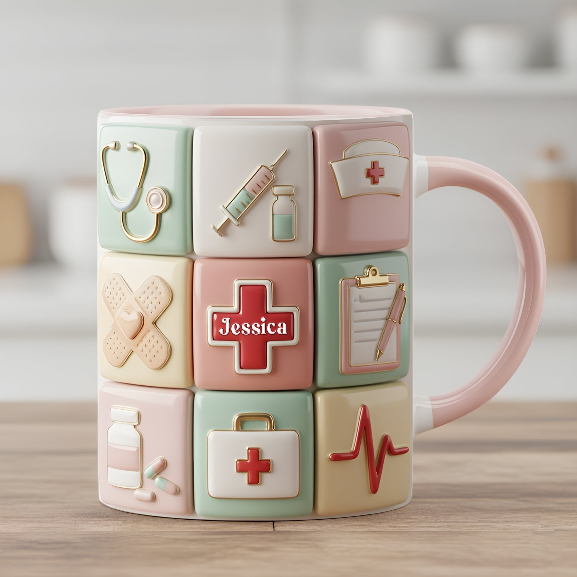 “For the Heart that Heals” - Personalized Medical Patchwork Accent Mug, Custom Gift for Nurses and Healthcare Heroes Coffee Mug PopCulturePrints