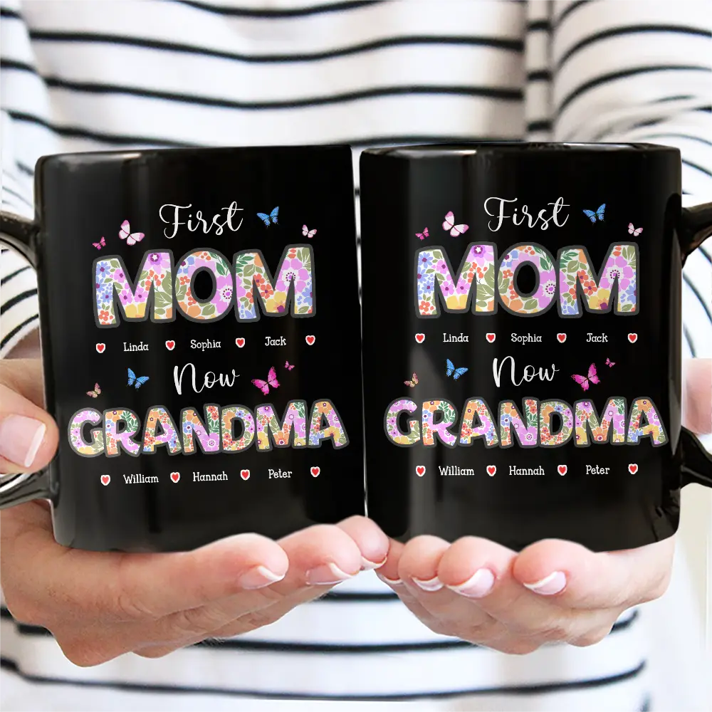 First Mom Now Grandma - Custom Personalized Mug with Butterfly Flower Design Mug PopCulturePrints