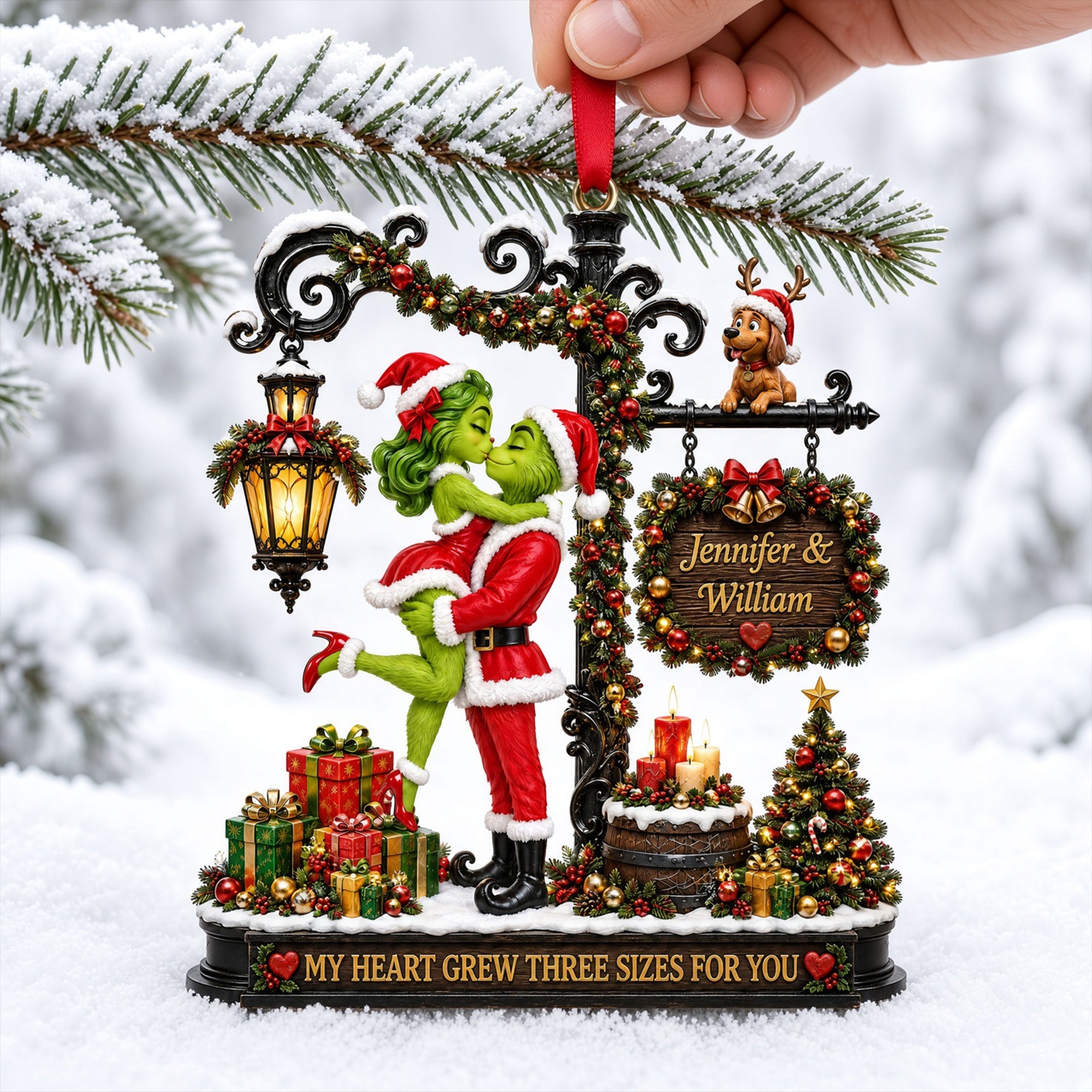 My Heart Grew Three Sizes For You - Romantic Kissing Couple Christmas Acrylic Ornament | Personalized Gift for Couples