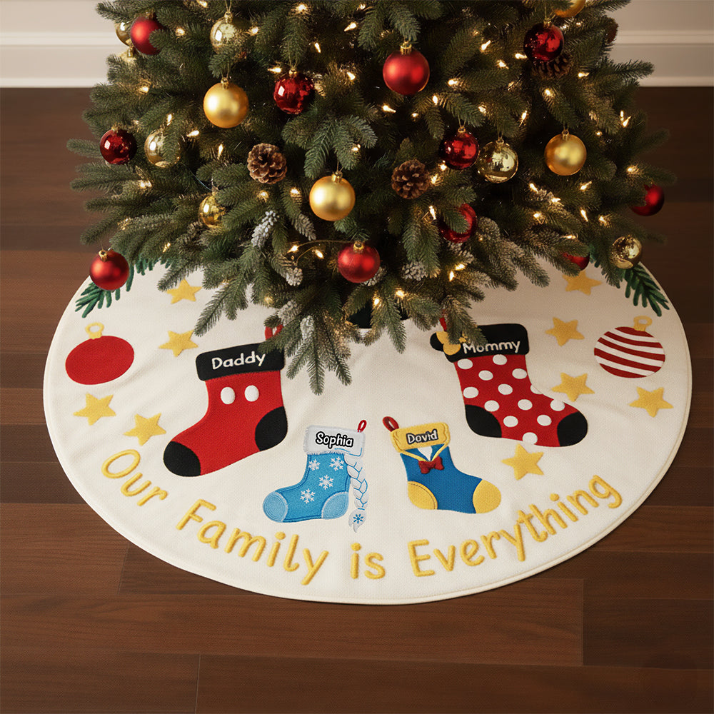 "Our Family is Everything" - Personalized Holiday Stockings Quilted Tree Skirt – Custom Family Gift for Every Occasion Tree Skirt PopCulturePrints