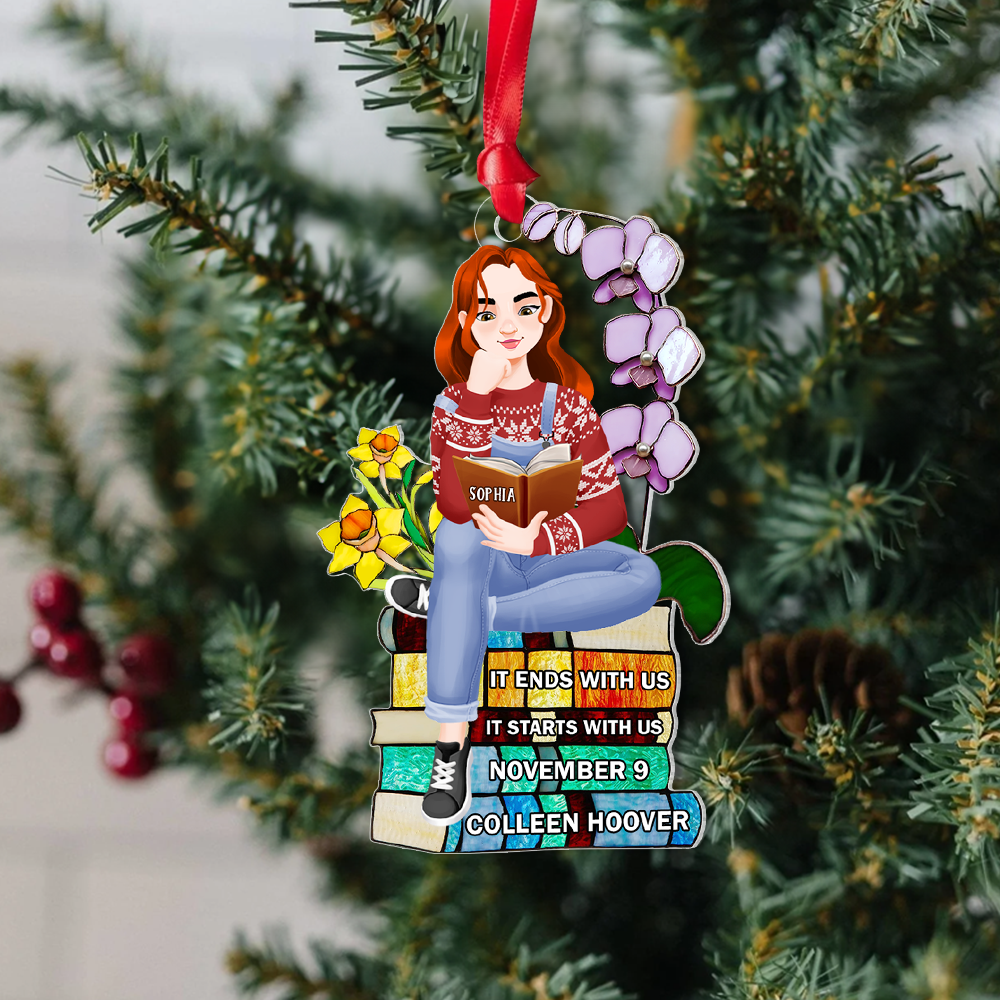 Custom Book Lover Christmas Ornament - Girl Reading on Book Stack Ornament PopCulturePrints