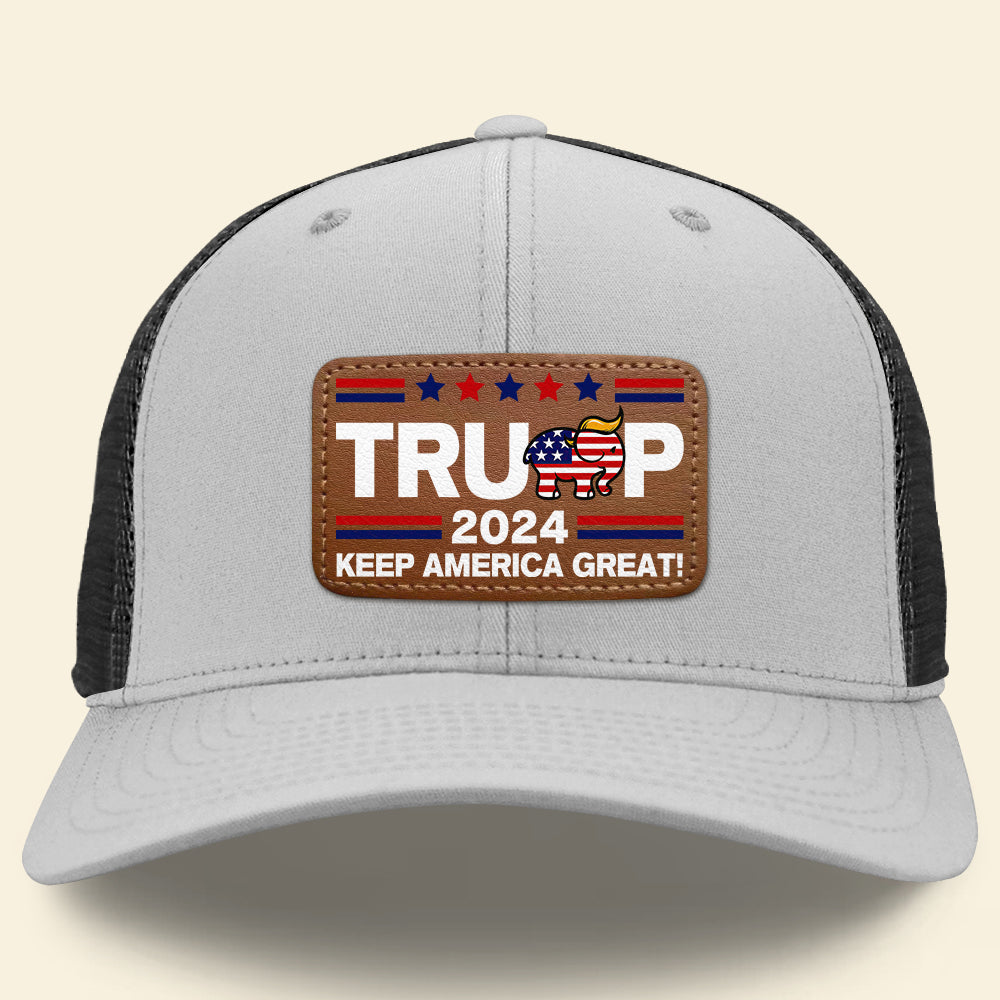 Patriotic Leather Patch Hat - Keep America Great 2024 Caps PopCulturePrints