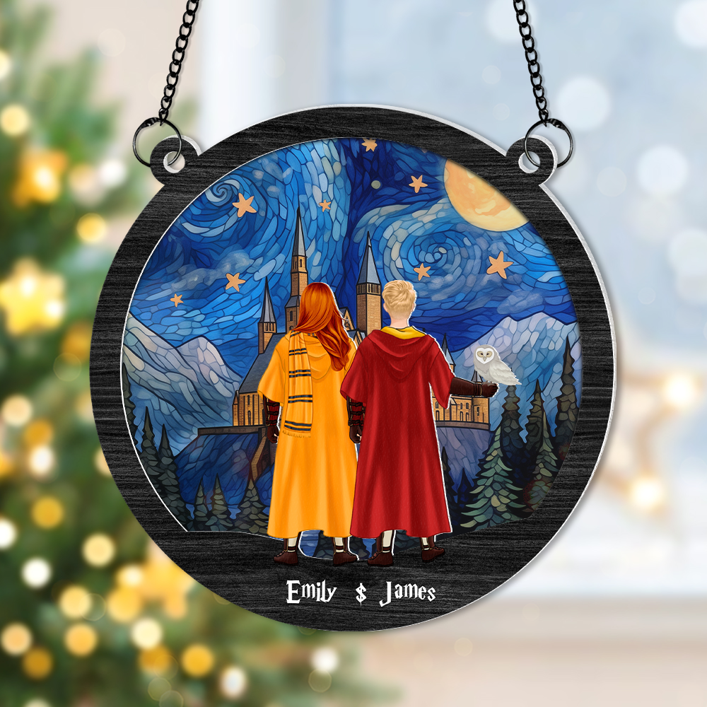 Personalized Wizard Couple Suncatcher Ornament - Custom Names and Design