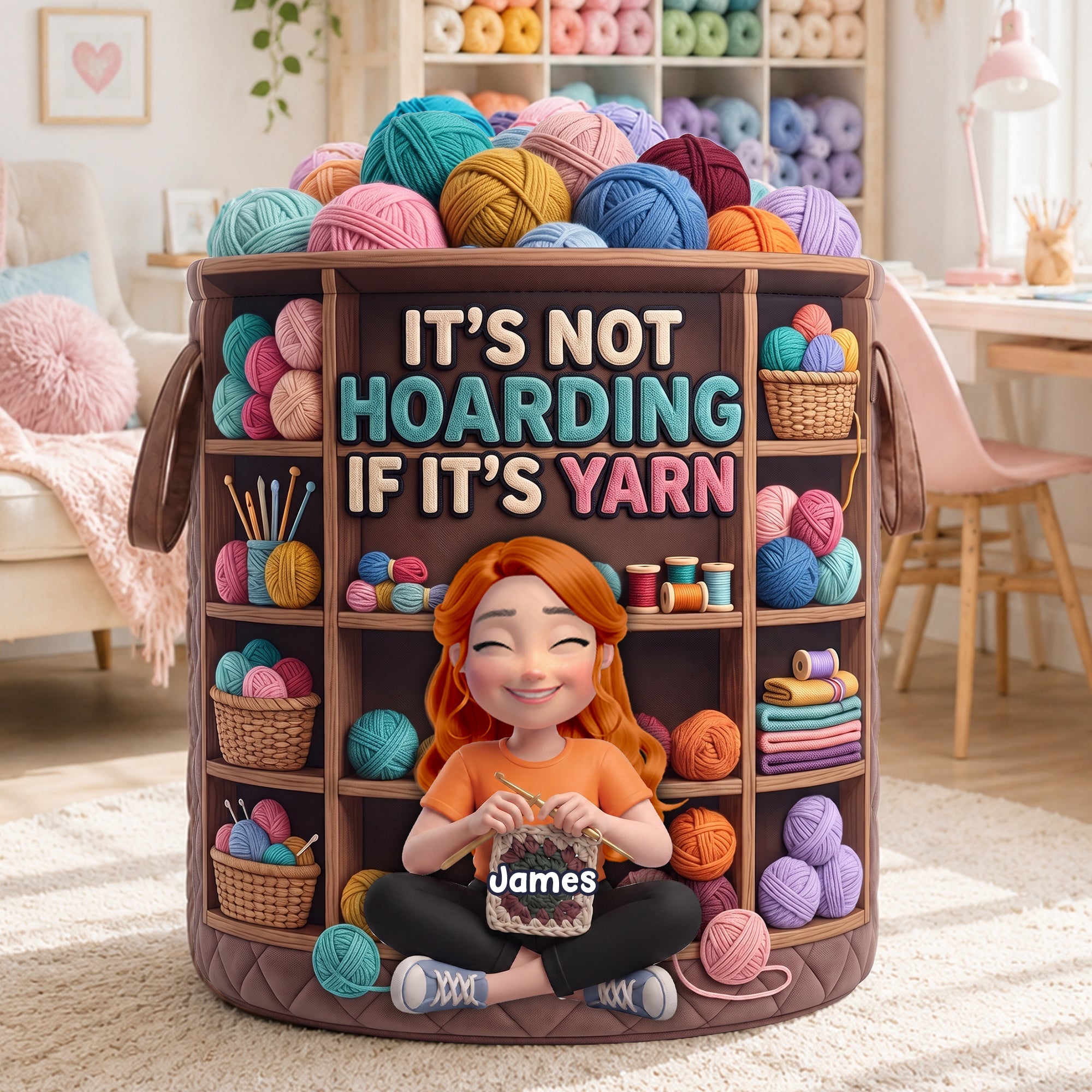 “It's Not Hoarding If It’s Yarn” – Crochet Girl Quilted Laundry Basket - Personalized Gifts for Crochet Lovers