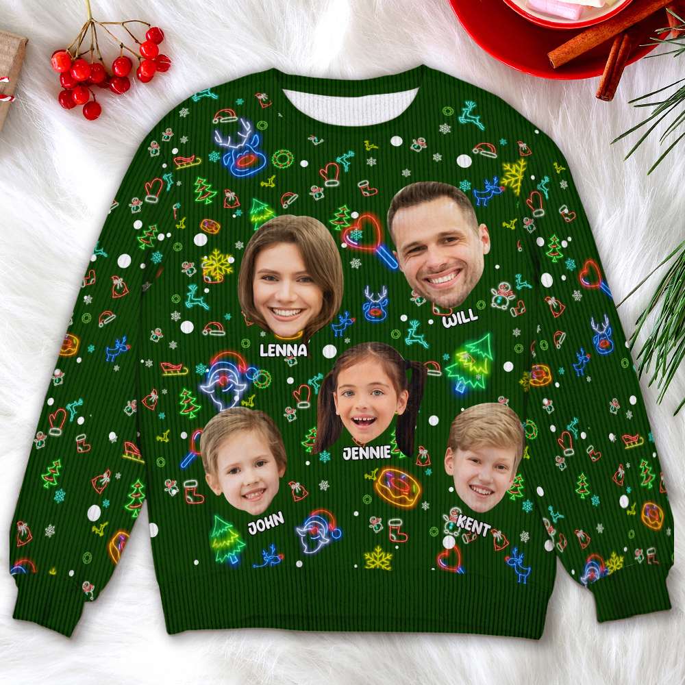 Personalized Neon Christmas Photo Sweater - Custom Family Gift