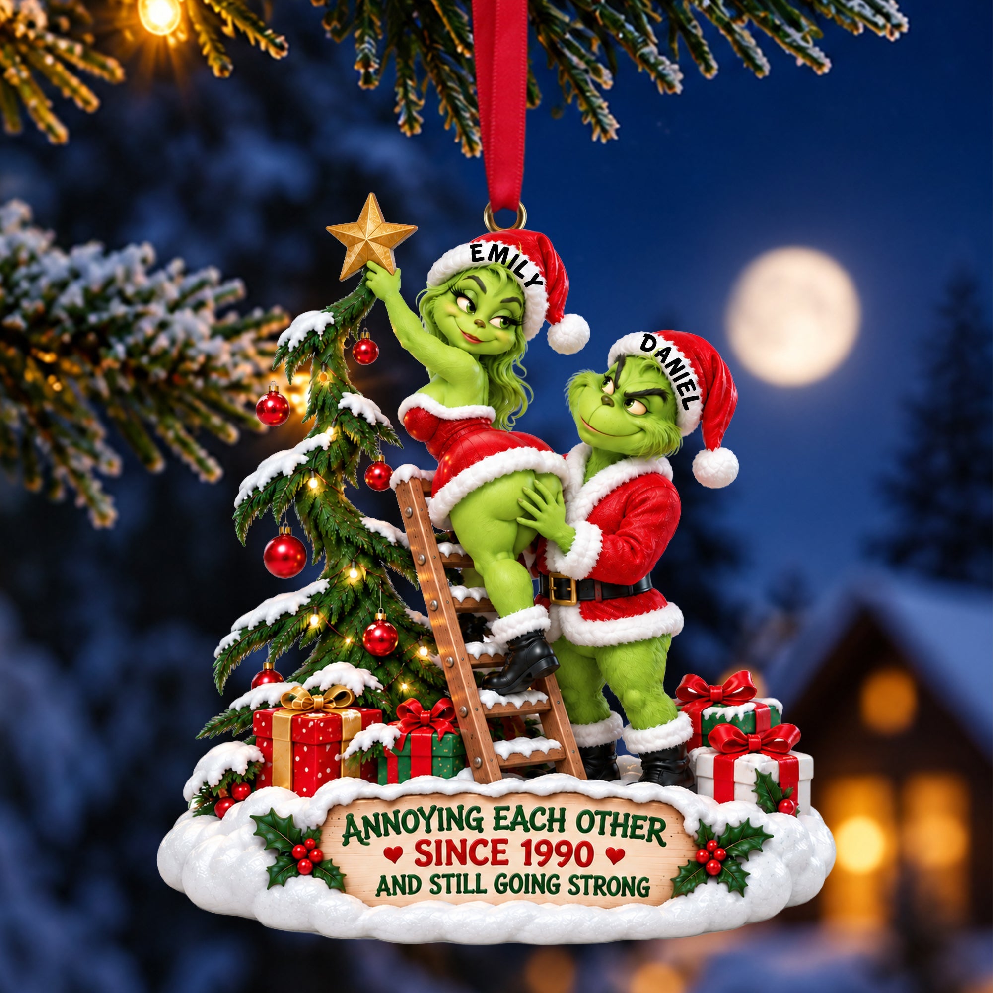 "Annoying Each Other Since 1990" - Customizable Furry Naughty Santa Couple Ornament - Perfect Personalized Gift for Couples, Friends, and Family!