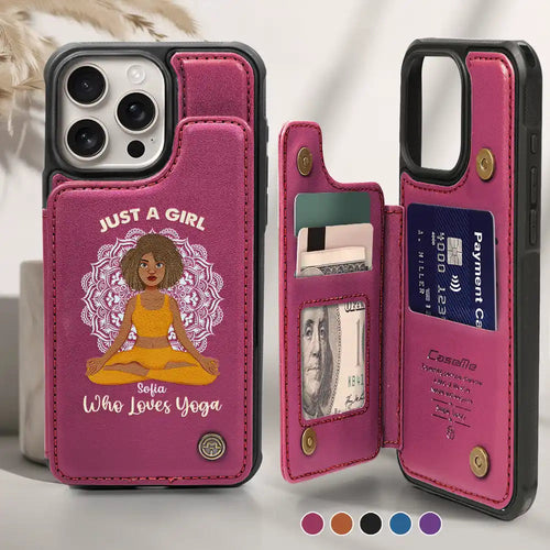 Just A Girl Who Loves Yoga - Personalized Leather Flip Wallet Phone Case Leather Flip Wallet Phone Case PopCulturePrints