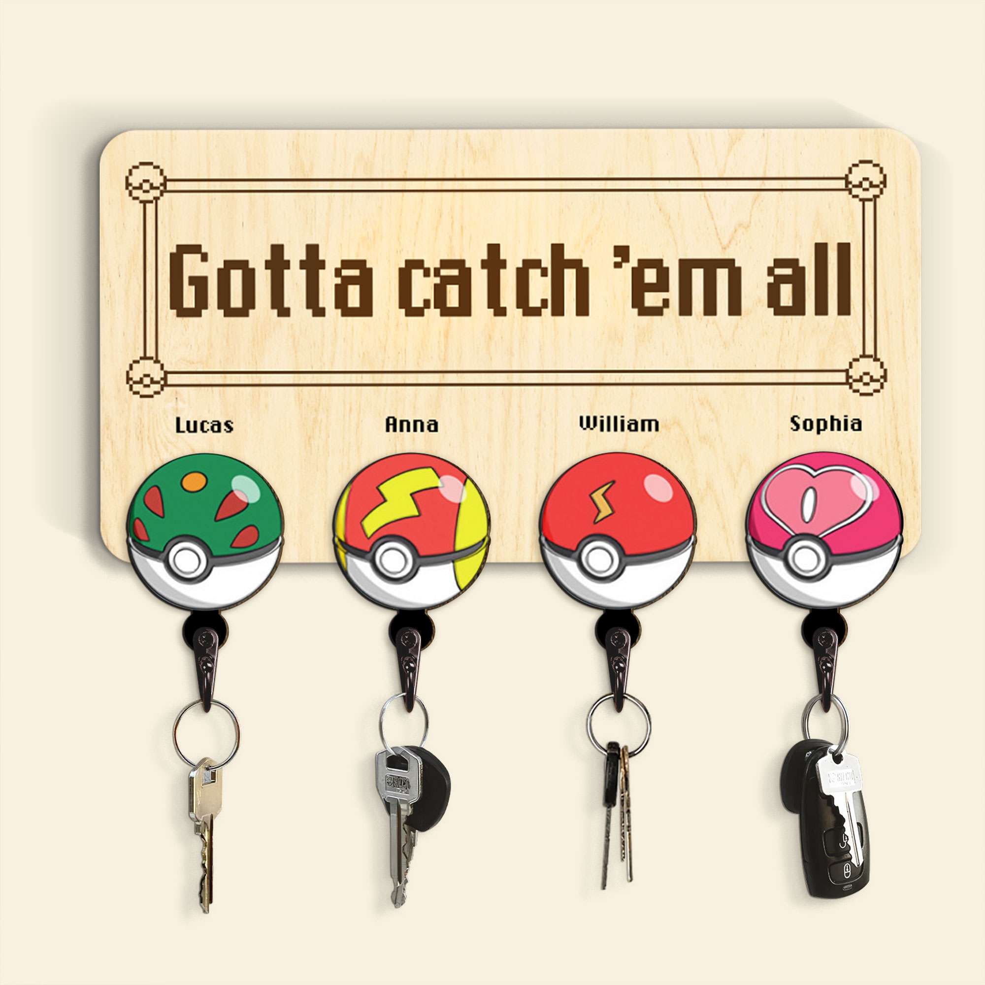Personalized Family Key Hanger - Catch 'Em All Design Wood Sign PopCulturePrints