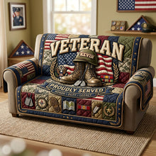 Load image into Gallery viewer, Proudly Served: Personalized Veteran Quilted Sofa Cover - A Meaningful Gift for Heroes
