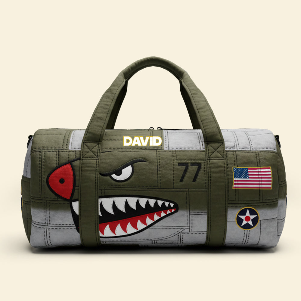 "Fly High with Courage: Personalized Airplane Shark Duffle Bag - A Meaningful Gift for Veterans and Aviation Lovers" Quilted Duffle Bag PopCulturePrints