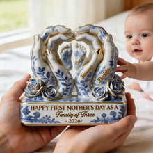Load image into Gallery viewer, Happy First Mother's Day as a Family of Three - Personalized Plaque for Moms Shaped Plaques PopCulturePrints
