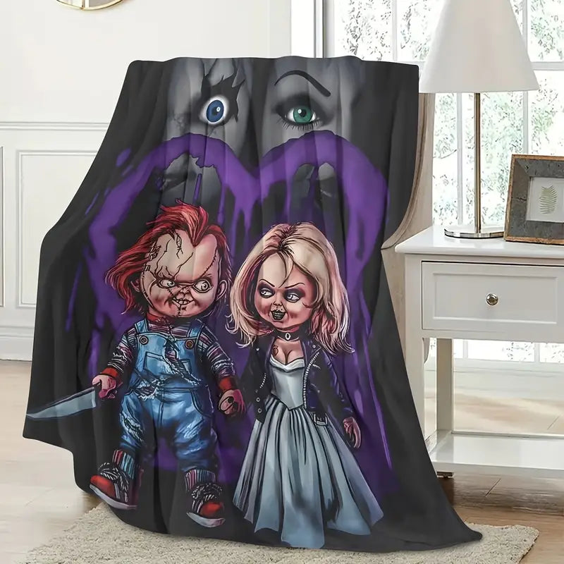 "Perfectly Creepy for the Spooky Lovers" - Creepy Doll Couple Horror Blanket - Personalized Gift for Halloween Enthusiasts, Couples, and Horror Fans Blanket PopCulturePrints