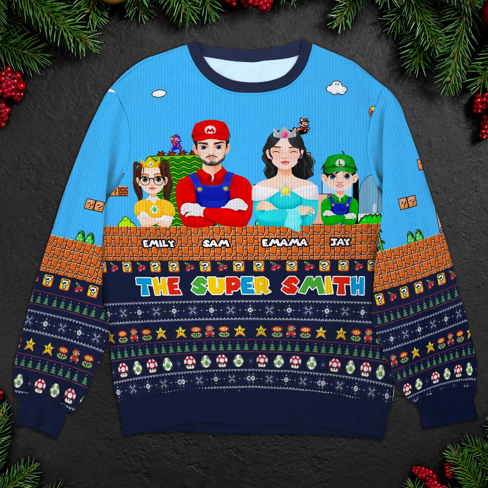 Personalized Cartoon Family Christmas Sweater - Retro Gaming Theme Ugly Christmas Sweater PopCulturePrints