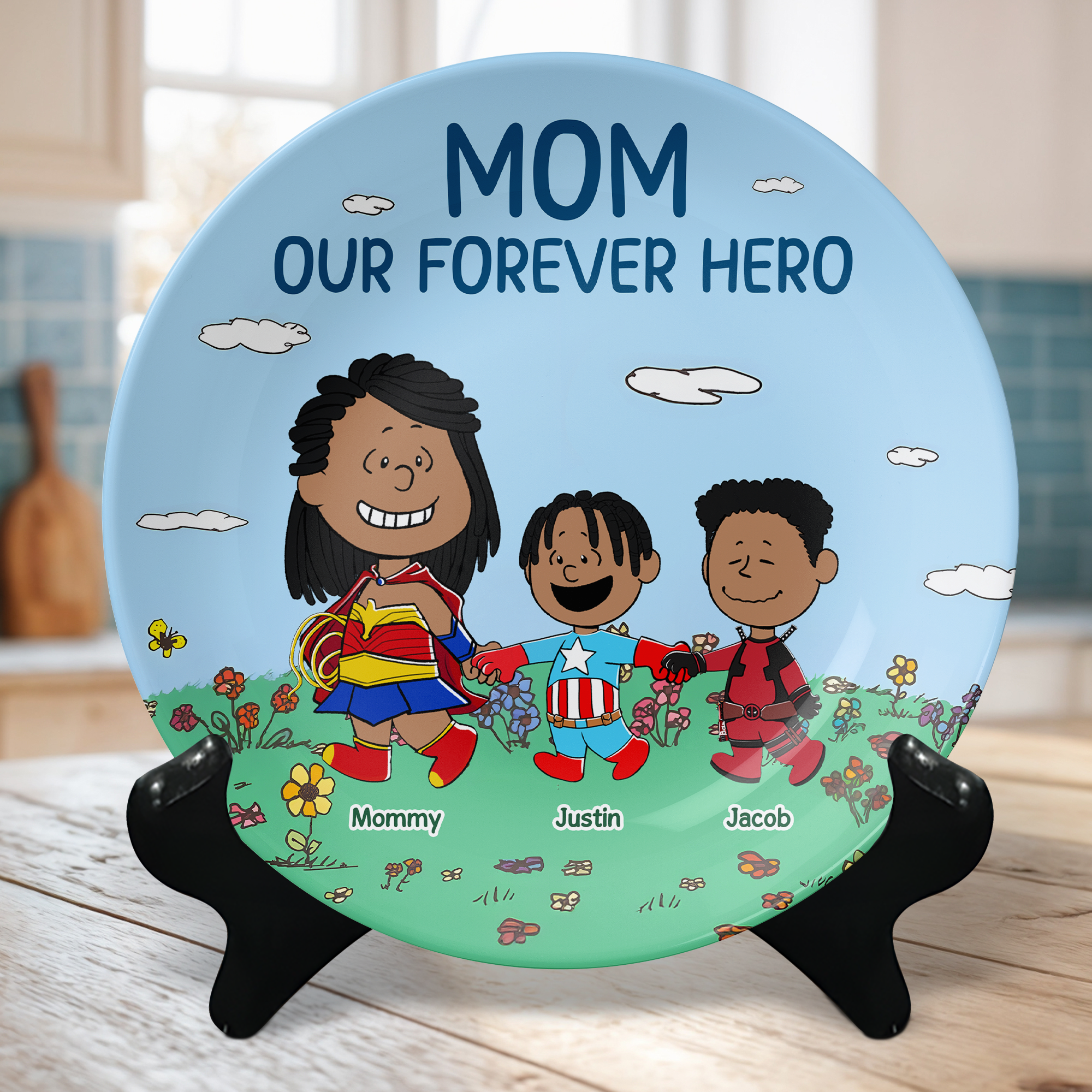 “Mom, Our Forever Hero” - Personalized Ceramic Round Plate - Unique Gift for Mom, Grandma & Loved Ones Ceramic Round Plate PopCulturePrints