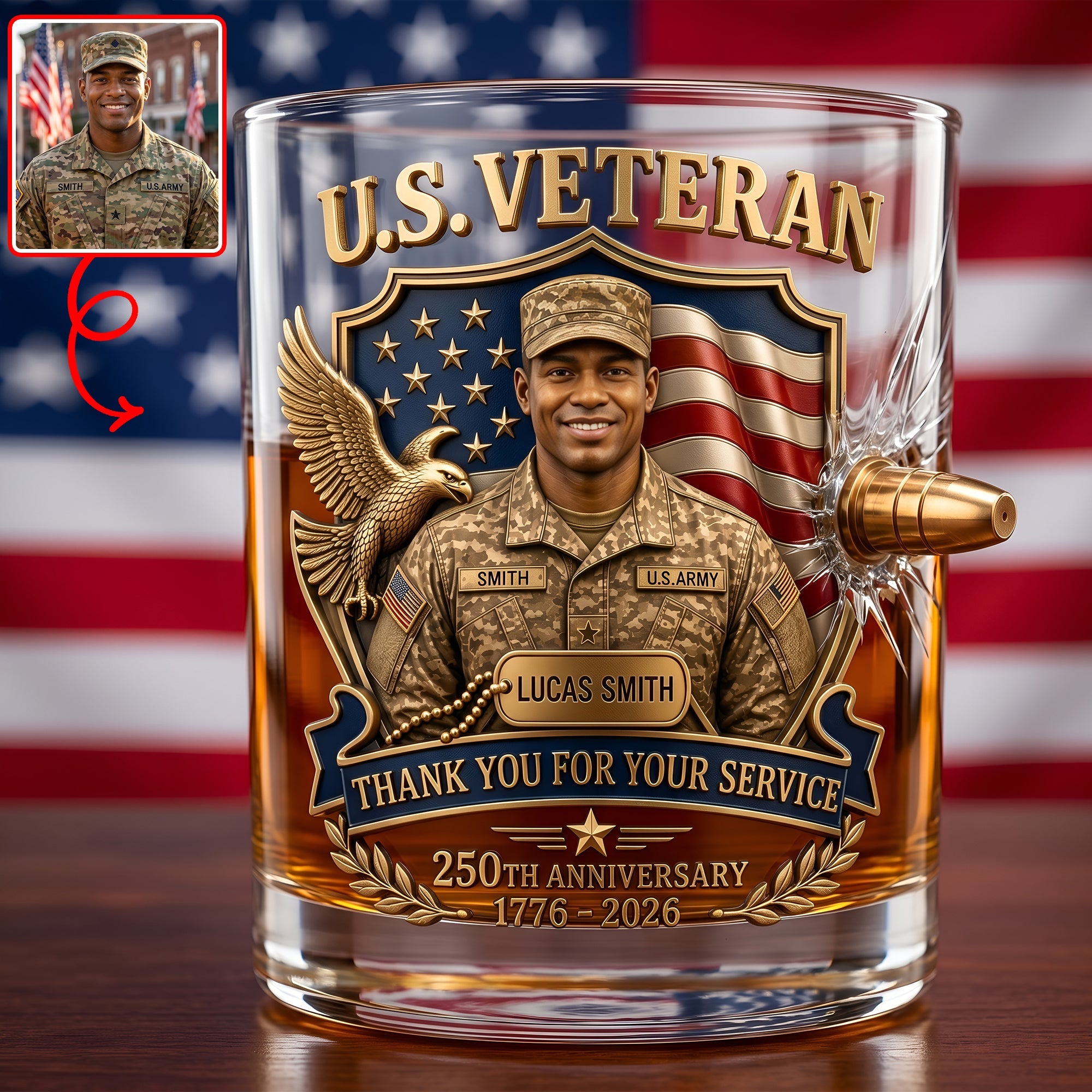 "Thank You for Your Service" - Personalized Bullet Glass for Veterans Glass PopCulturePrints