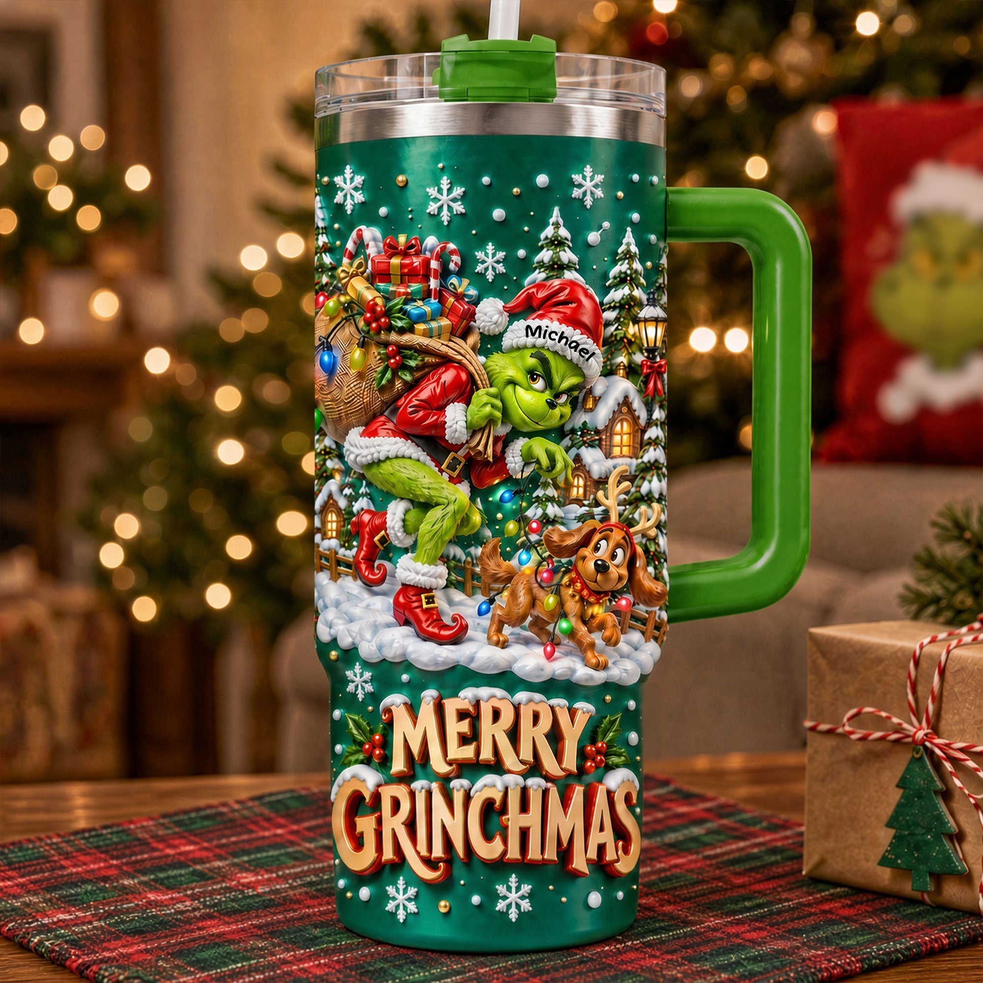 "Grinchmas Cheer for the Holidays" - Personalized 40oz Tumbler with Handle - Perfect Gift for Friends and Family Tumbler Cup PopCulturePrints