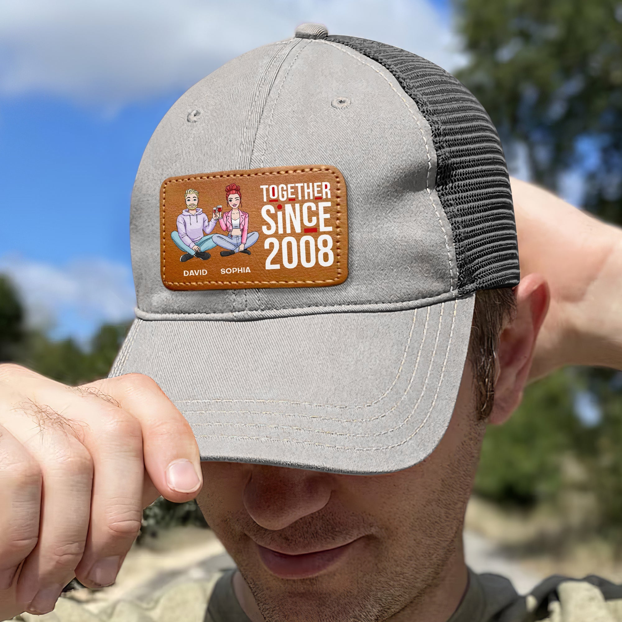 Personalized Leather Patch Hat for Couples - Together Since 2008 Caps PopCulturePrints