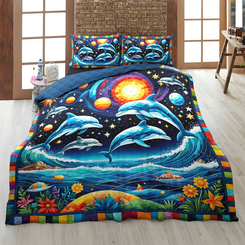 Vibrant Dolphin Lover Quilt Bed Set - Perfect Gift for Ocean Enthusiasts Blanket PopCulturePrints