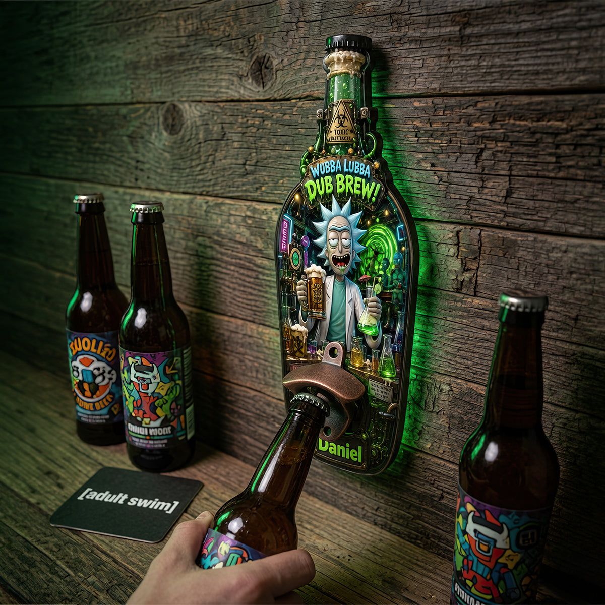 Wubba Lubba Dub Brew! - Personalized Crazy Scientist Wooden Wall Hanging Bottle Opener
