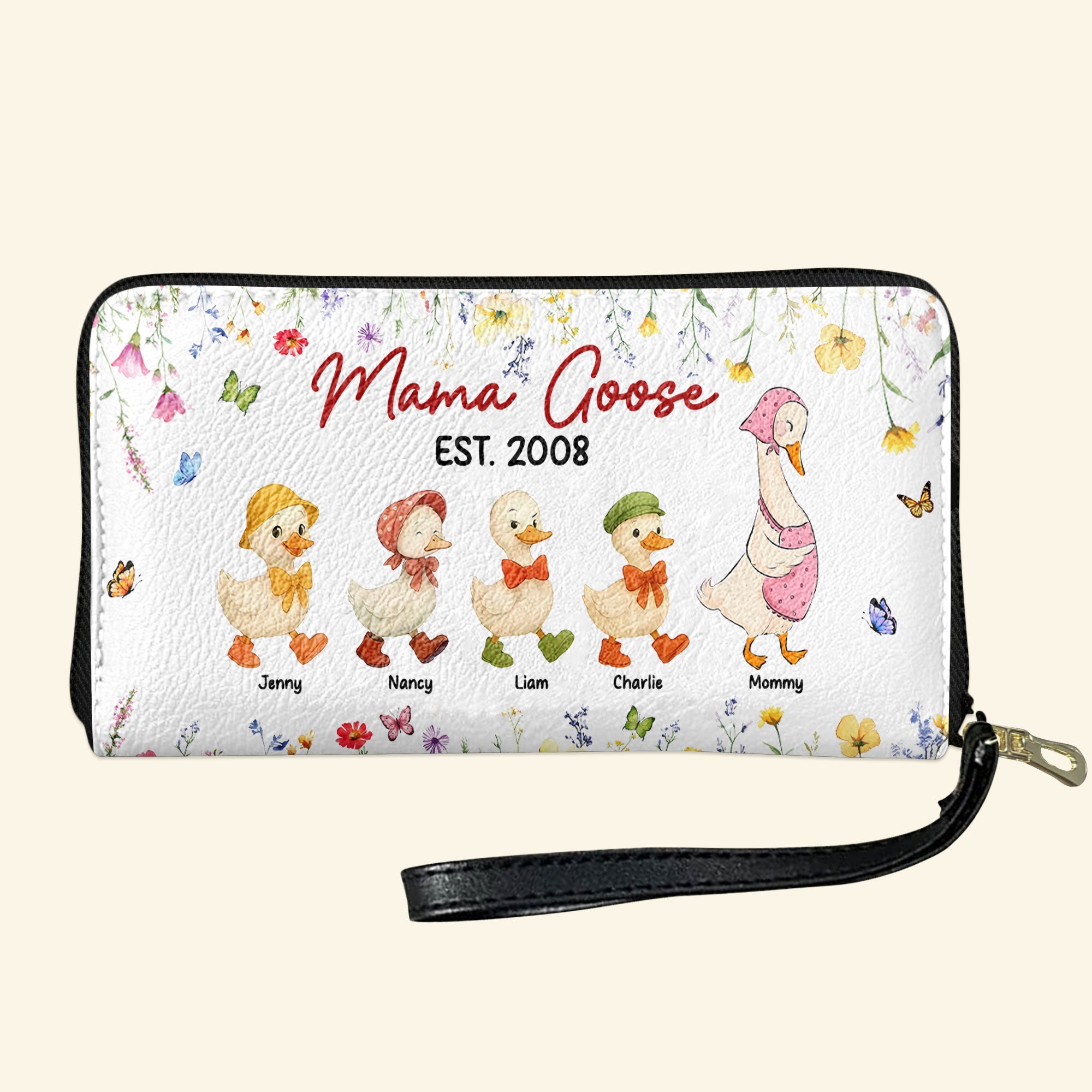 “Celebrate Family Love with Mama Goose” - Personalized Twill Faux Leather Wallet, Gift for Mom, Grandma, and Family Leather Wallet PopCulturePrints