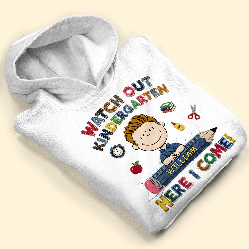 "Watch Out Kindergarten!" – Personalized Cute Character Back To School Shirt for Kids Shirts PopCulturePrints