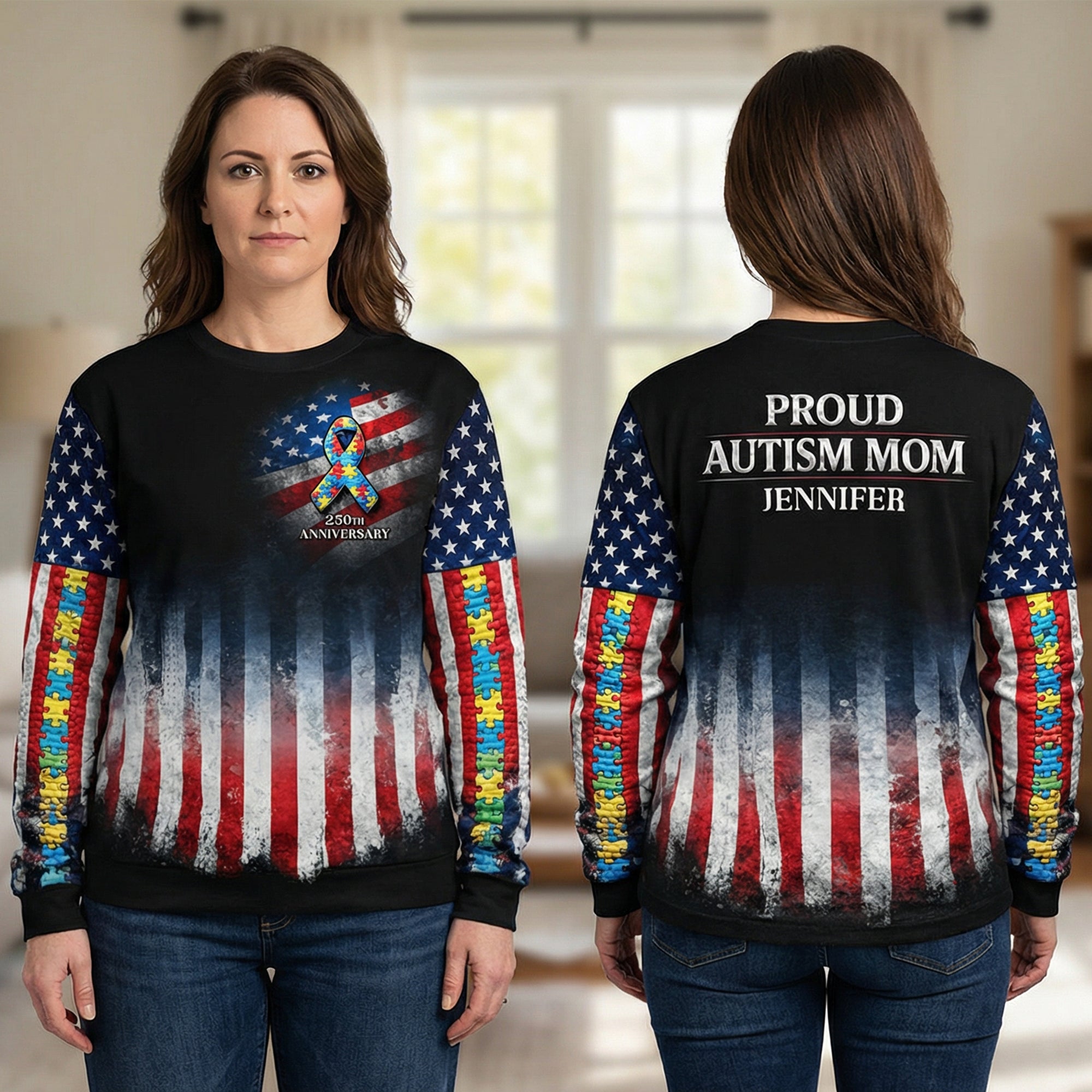 Proud Autism Parent - 250th Anniversary USA - Personalized Gift for Dads, Moms, and Family AOP Products PopCulturePrints