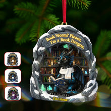 Load image into Gallery viewer, “Book Worm? Please, I’m a Book Dragon” Personalized Christmas Ornament - Unique Gift for Book Lovers, Readers, and Friends Ornament PopCulturePrints
