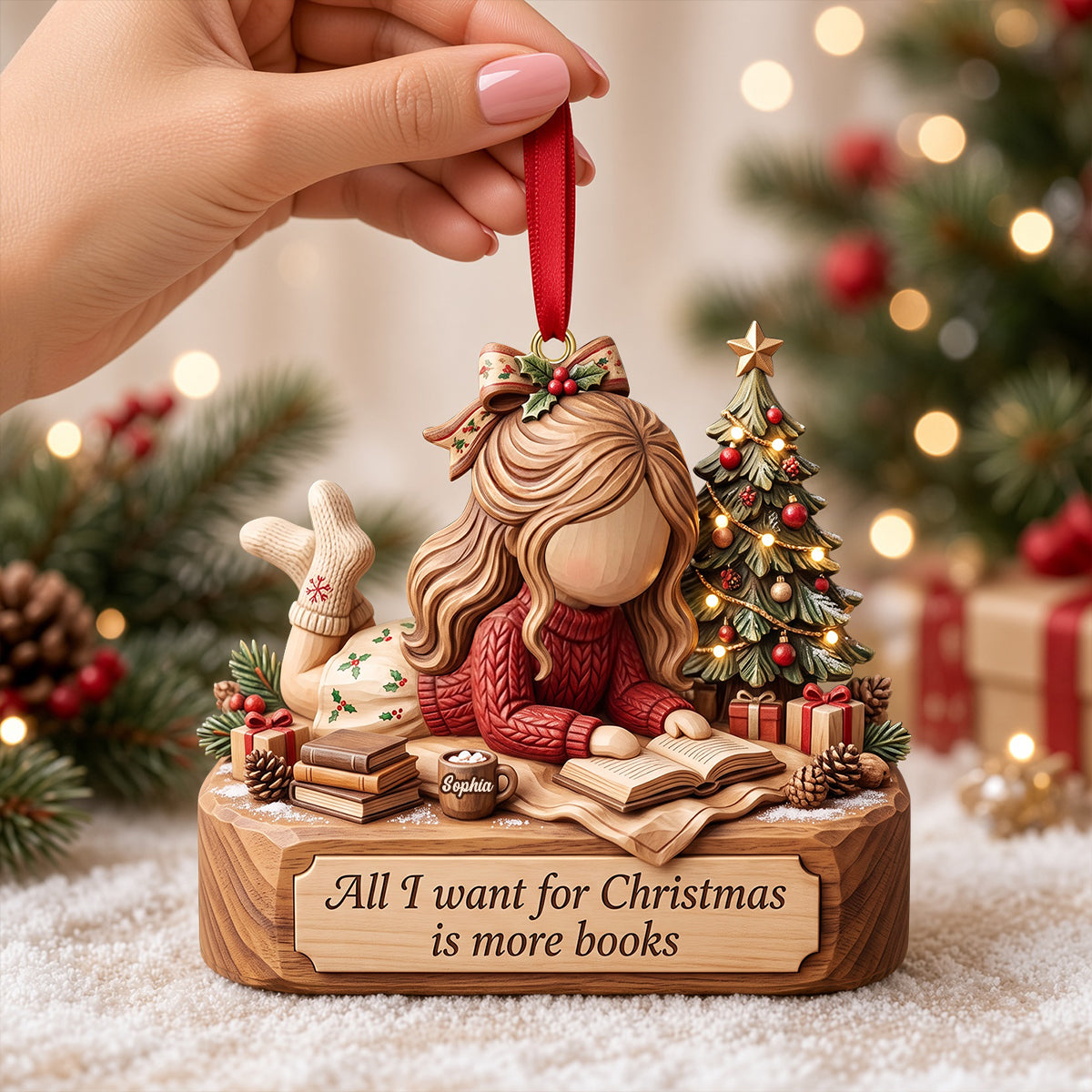 All I Want for Christmas is More Books - Bookish Girl Christmas Custom Shape Ornament | Perfect Personalized Gift for Book Lovers