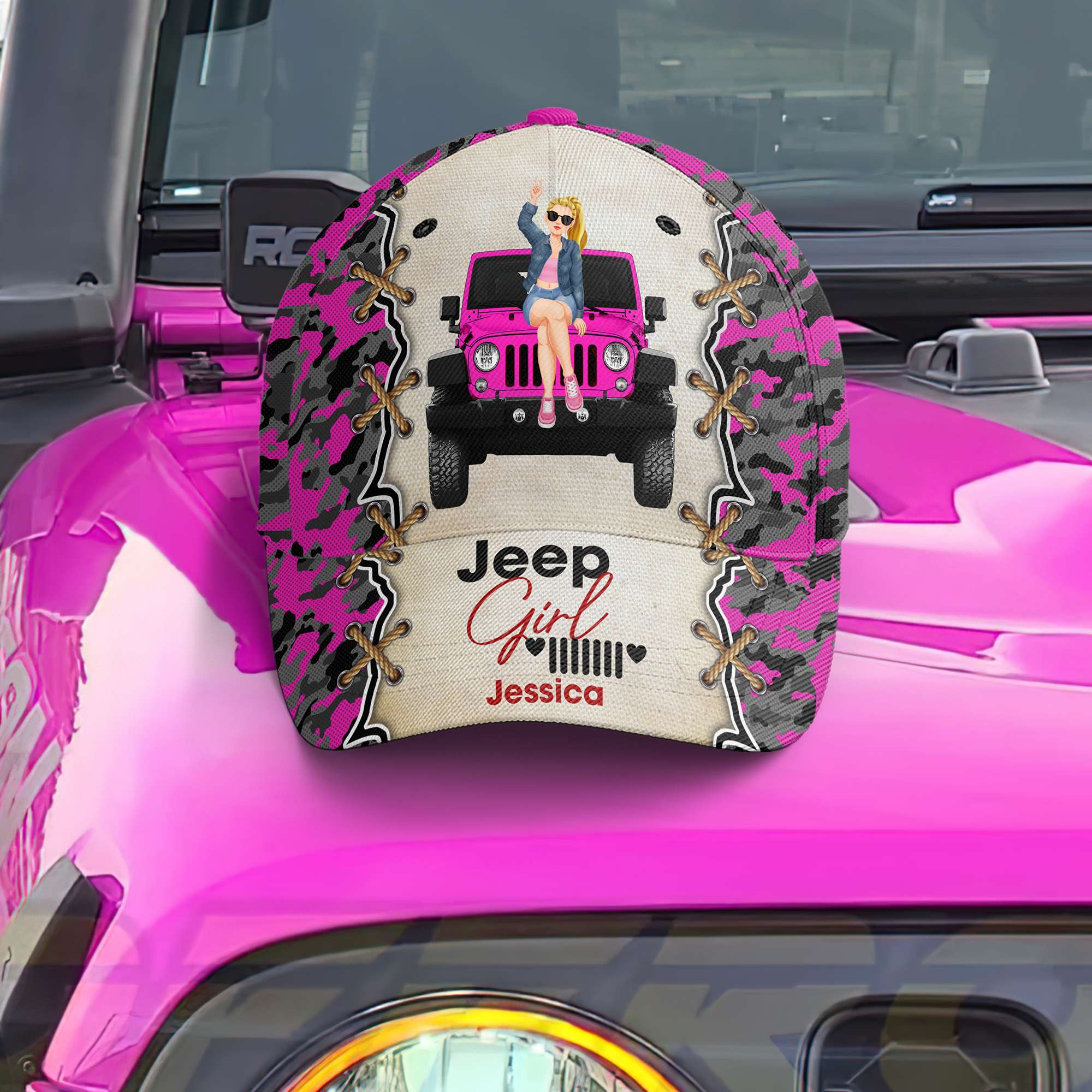 Personalized Jeep Girl Cap with Pink Camo Design