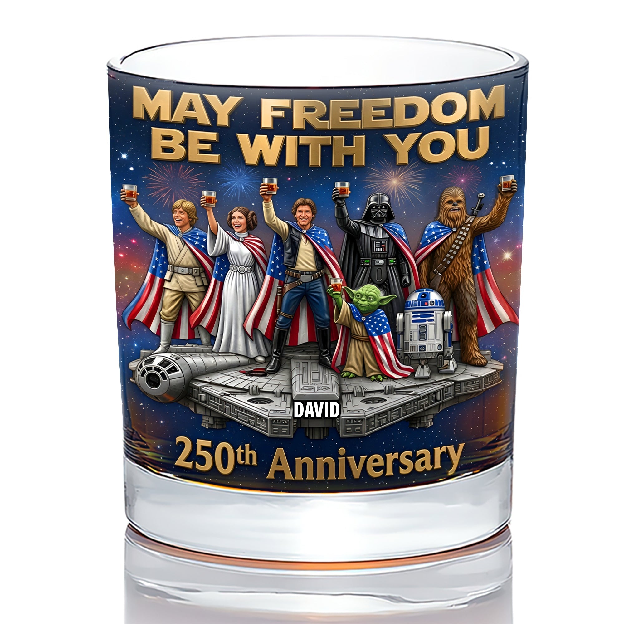 “May Freedom Be With You” - Personalized 250th Anniversary Drinking Glass for Patriots