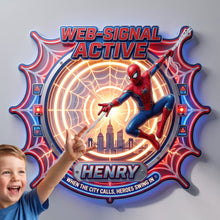 Load image into Gallery viewer, “When the City Calls, Heroes Swing In” - Guardian LED Wall Sign, Personalized Gift for Kids and Superhero Fans
