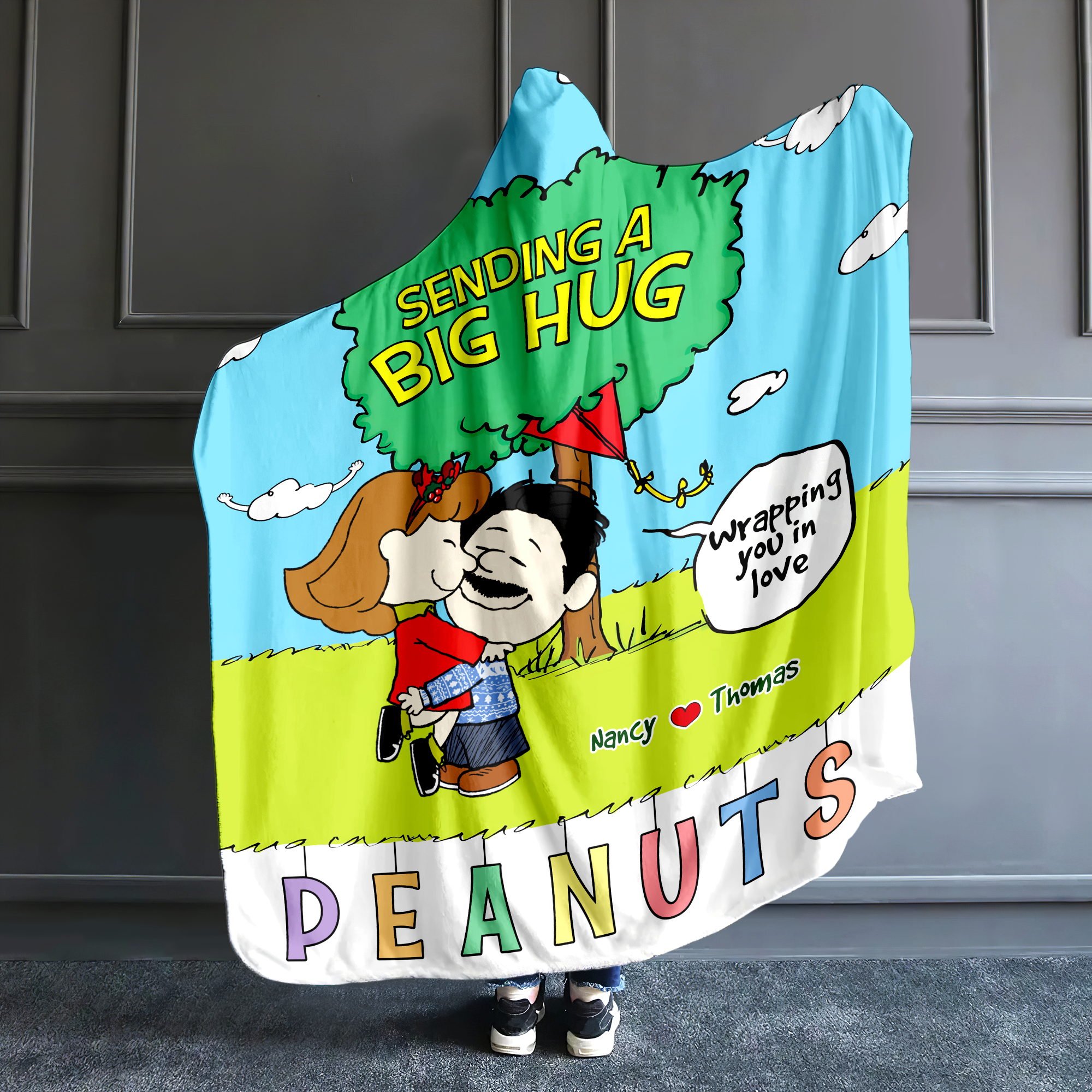 Custom Cartoon Couple Christmas Hooded Blanket – Perfect Personalized Gift