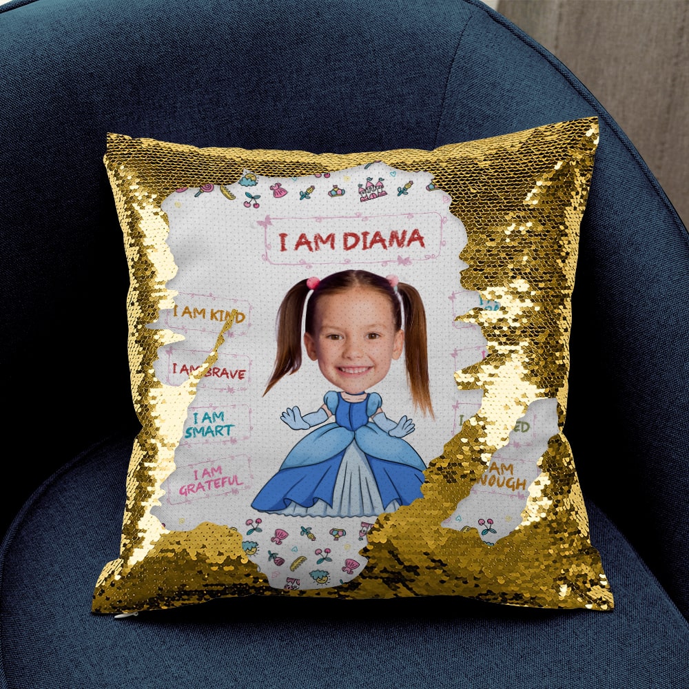 Personalized Princess Glitter Pillow - Custom Kid's Face Pillow PopCulturePrints