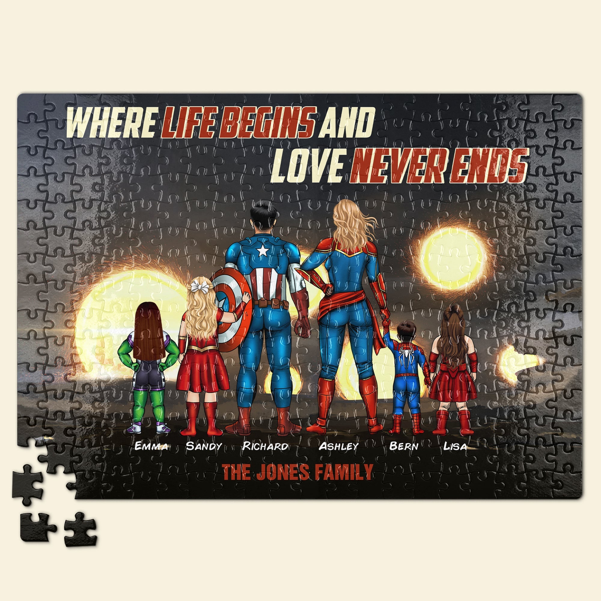 Superhero Family Personalized Jigsaw Puzzle - Where Life Begins & Love Never Ends