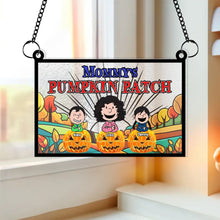 Load image into Gallery viewer, Personalized Mommy&#39;s Pumpkin Patch Hanging Sign Suncatcher PopCulturePrints

