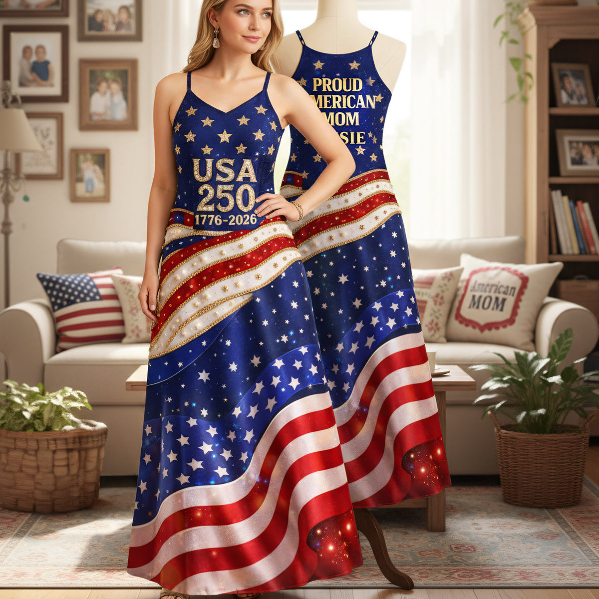 "Celebrate Freedom with Style!" - Proud American Mom Maxi Dress - Personalized Gift for Moms and Grandmas Dress PopCulturePrints
