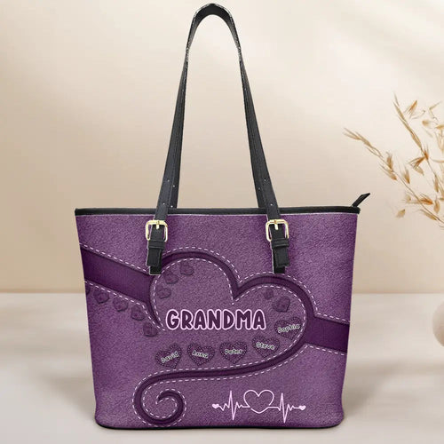 Grandma's Heart - Personalized Leather Tote Bag for Family Love Leather Tote Bag PopCulturePrints