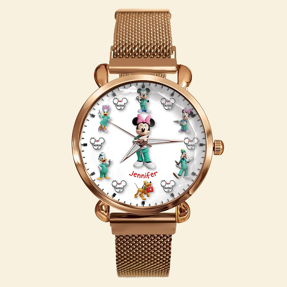 Nurse in Style: Personalized Cartoon Character Mesh Strap Quartz Watch - Custom Gift for Nurses, Healthcare Workers, and Loved Ones Quartz Watch PopCulturePrints