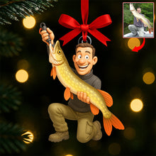 Load image into Gallery viewer, “Hooked on Happiness” - Funny Caricature Christmas Ornament - Custom Photo Gifts for Fishing Lovers Ornament PopCulturePrints

