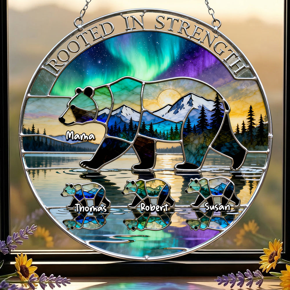 "Rooted in Strength" - Personalized Aurora Bear Mom Tribal Suncatcher - Perfect Gift for Moms, Grandmas, and More Ornament PopCulturePrints