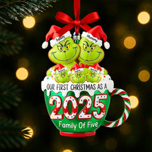 Load image into Gallery viewer, Our First Christmas as a Family of Four - Playful Grinch Ornament Ornament PopCulturePrints
