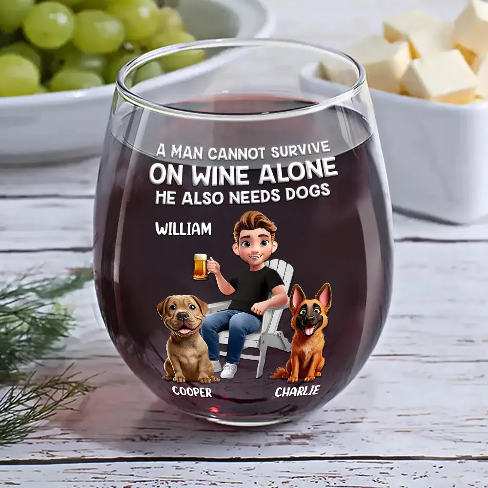 A Woman Cannot Survive On Wine Alone - Personalized Dog Mom Cartoon Stemless Wine Glass Wine Glass PopCulturePrints