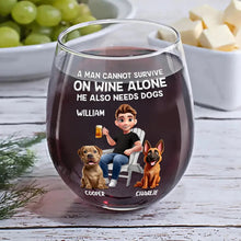 Load image into Gallery viewer, A Woman Cannot Survive On Wine Alone - Personalized Dog Mom Cartoon Stemless Wine Glass Wine Glass PopCulturePrints
