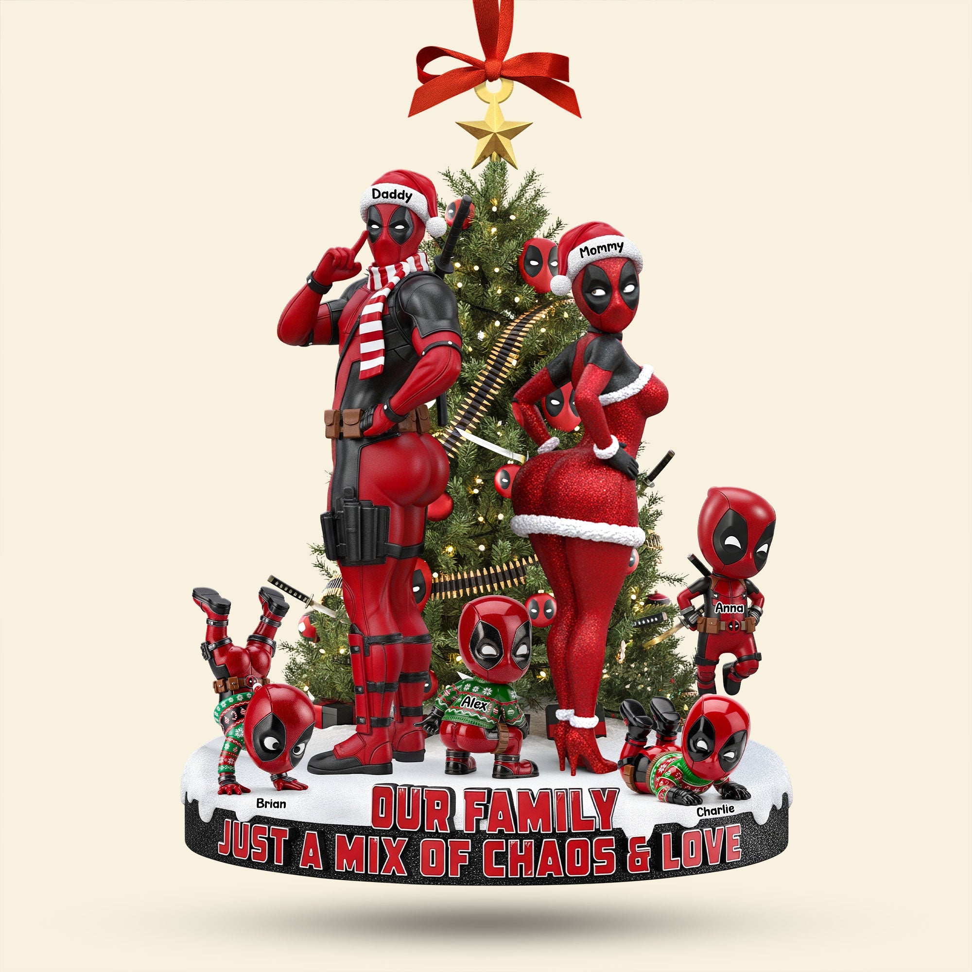 Our Family: Just a Mix of Chaos & Love - Personalized Red Masked Family Ornament Ornament PopCulturePrints
