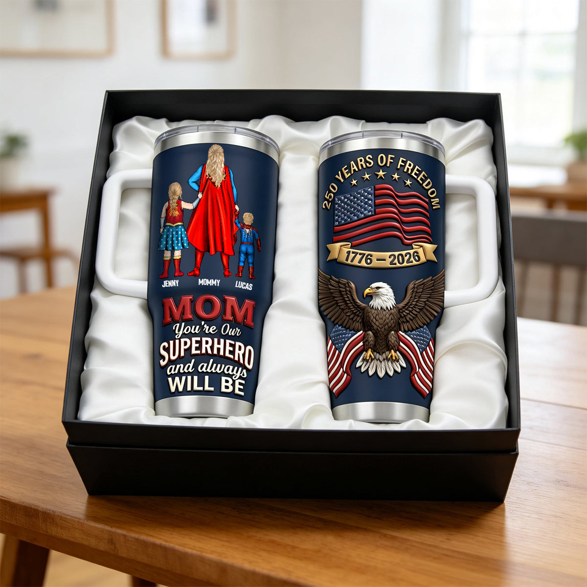 Mom, You're Our Superhero - 250 Years of Freedom Personalized Tumbler for Mom and Kids Tumbler Cup PopCulturePrints