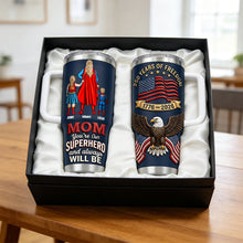 Load image into Gallery viewer, Mom, You're Our Superhero - 250 Years of Freedom Personalized Tumbler for Mom and Kids Tumbler Cup PopCulturePrints
