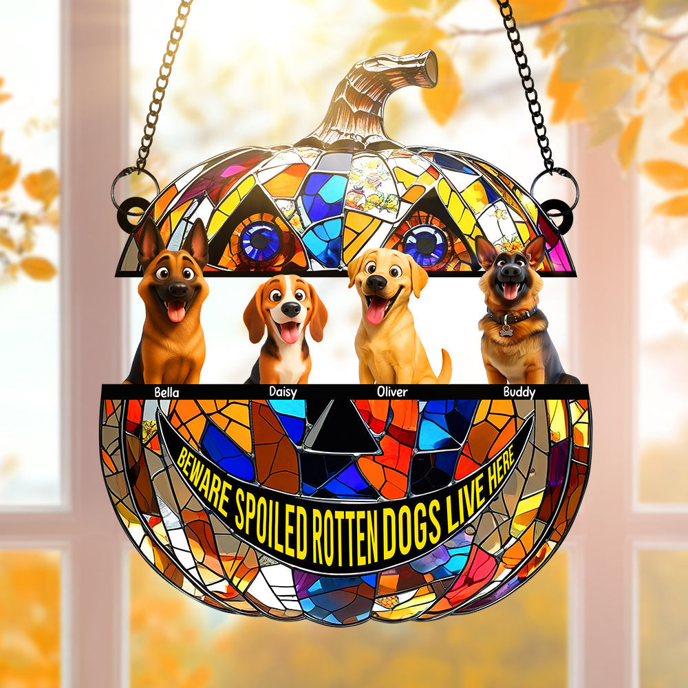 "Beware of Spoiled Rotten Dogs!" - Personalized Pumpkin Suncatcher Ornament - Custom Gift for Dog Lovers Ornament PopCulturePrints