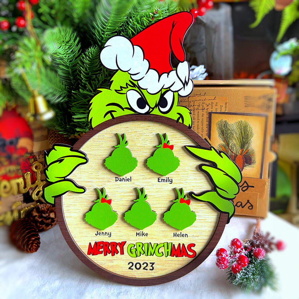 Personalized Grinch Family Christmas Wood Sign - Custom Holiday Decor Wood Sign PopCulturePrints
