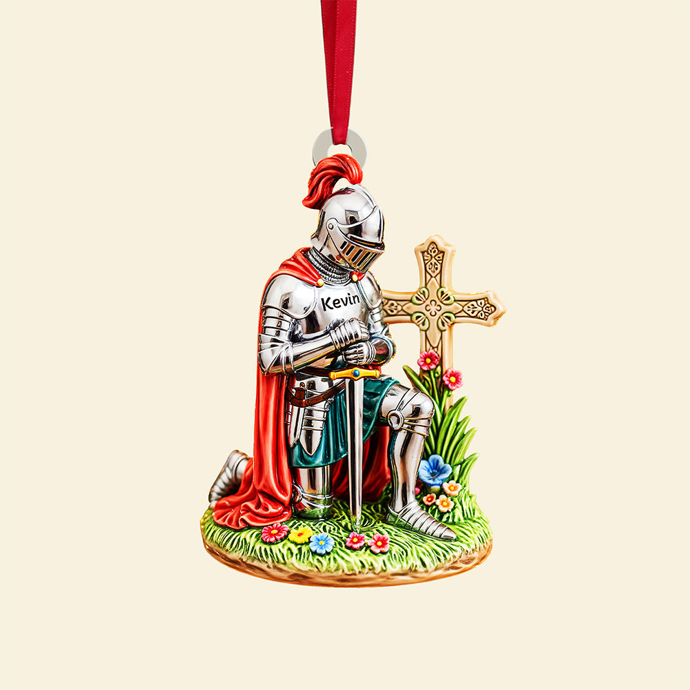 "Noble Path of Faith - Personalized Kneeing Knight Ornament" - Custom Gifts for Christians, Perfect for Any Occasion Ornament PopCulturePrints